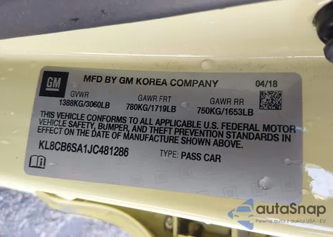 2018 Chevrolet Spark Ls Cvt z USA, uszkodzony, nr VIN KL8CB6SA1JC481286